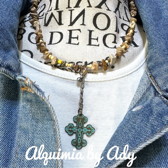 Alquimia Beaded Necklace with Cross Pendant - Brown and Yellow - Picture 1 of 9